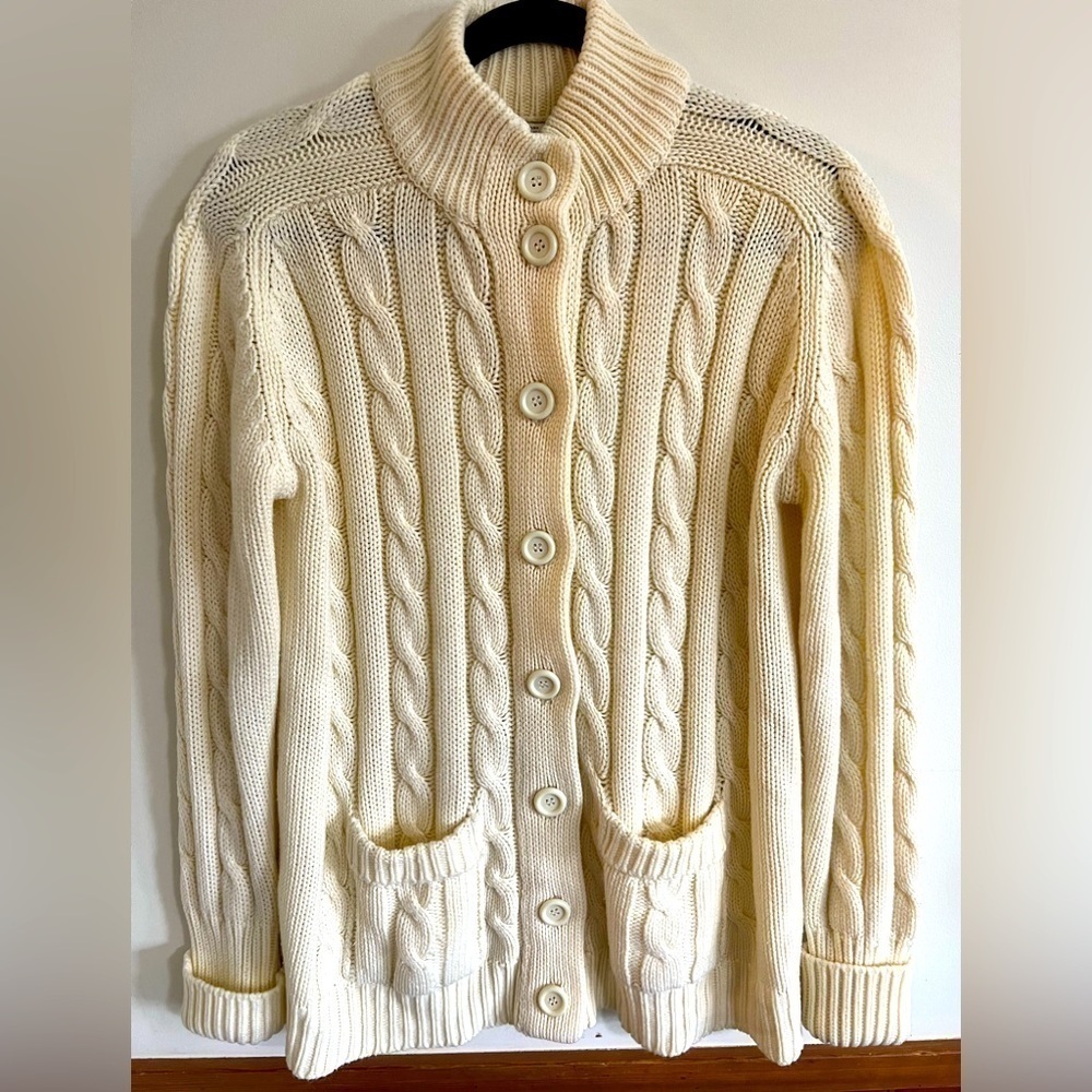 Vintage Sears Cream Long Button Front Cardigan with Pockets High Collar/Large